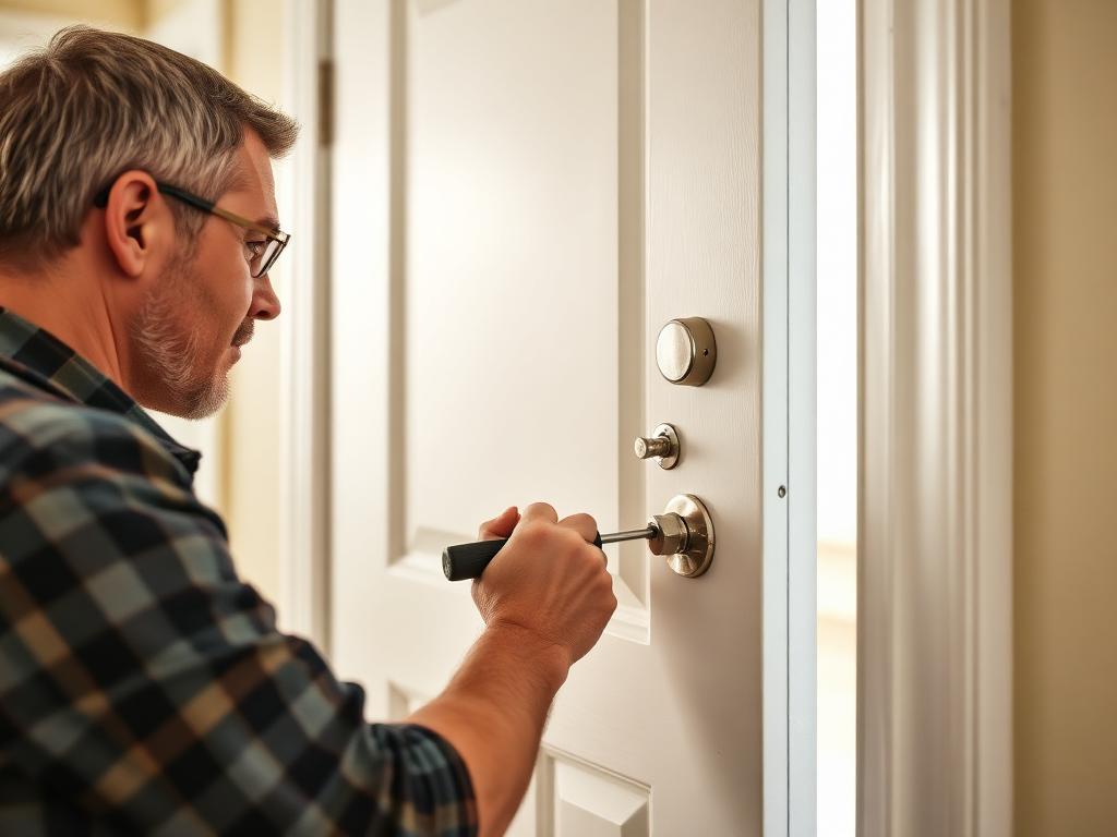 Handyman adjusting a door lockset and hinge with a screwdriver