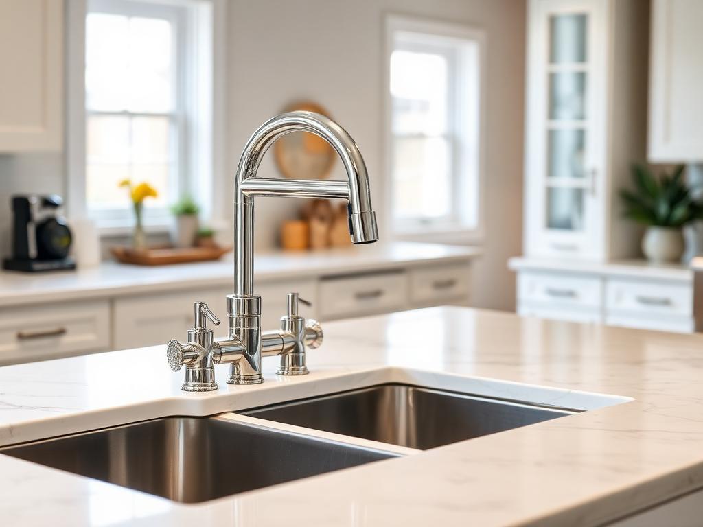New chrome kitchen faucet installed on a quartz countertop by a handyman