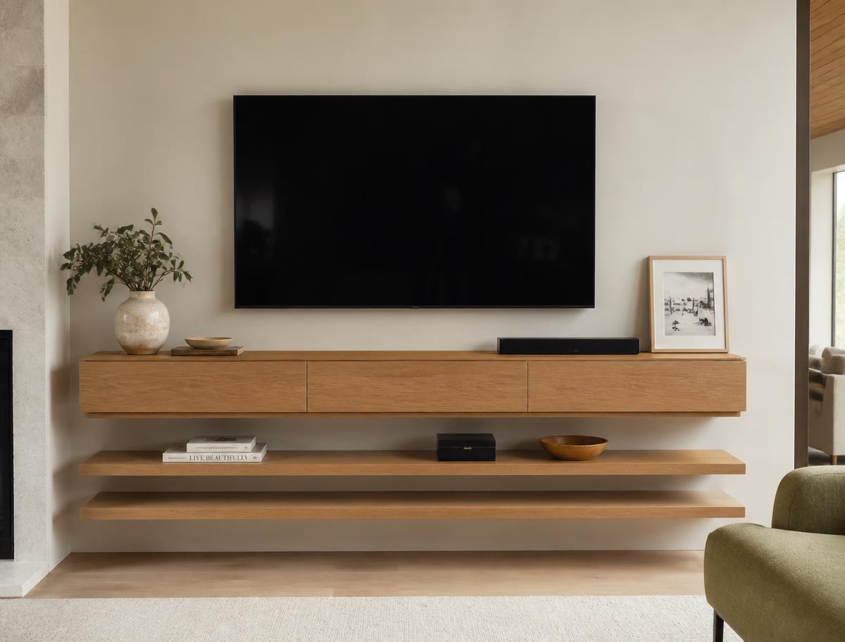 Oak floating media console and two floating shelves beneath a wall-mounted television