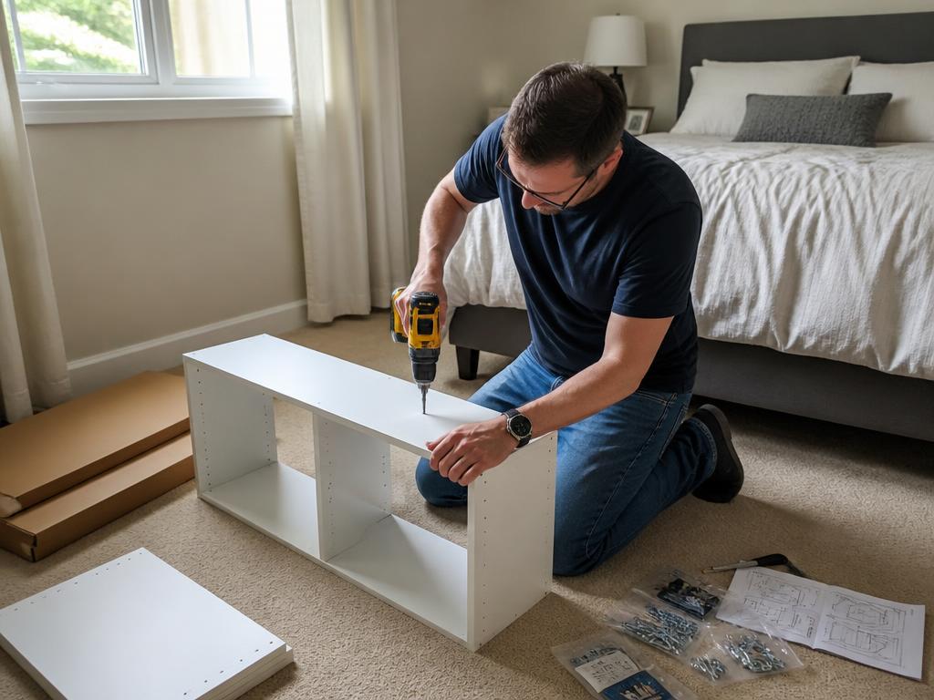 Handyman assembling a flat-pack white bookshelf in a bedroom