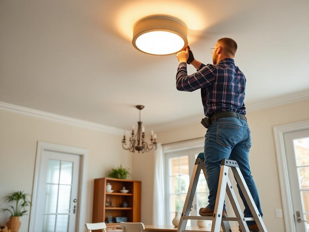 Handyman on a ladder installing a modern ceiling light fixture in a home