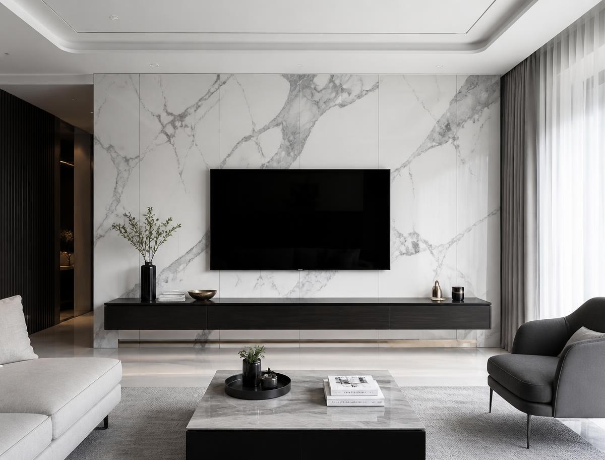 White and gray marble-look panel TV feature wall with a mounted TV and floating console
