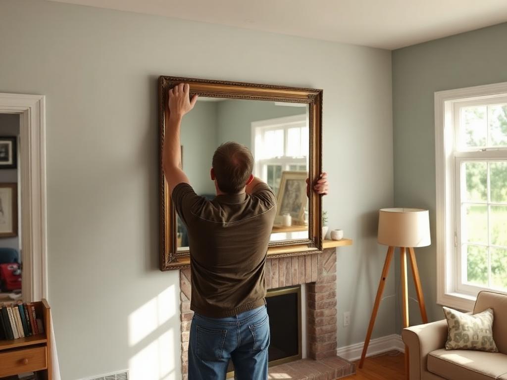 Handyman hanging a large framed mirror level on a living room wall