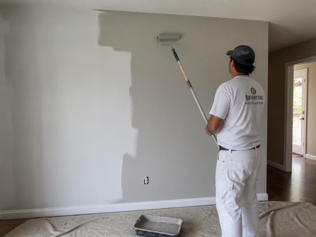 Painter rolling a fresh coat of gray paint onto a living room wall