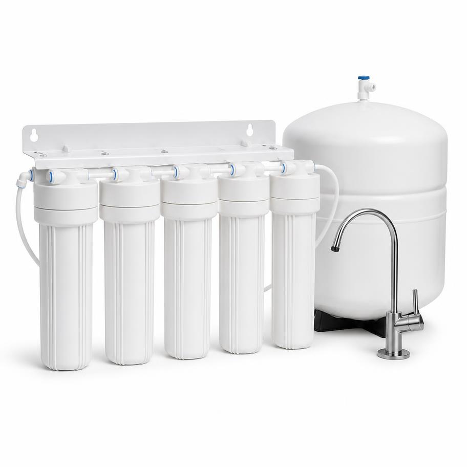 Five-stage under-sink reverse osmosis filter system with storage tank and chrome faucet — representative image of an APEC-style RO system