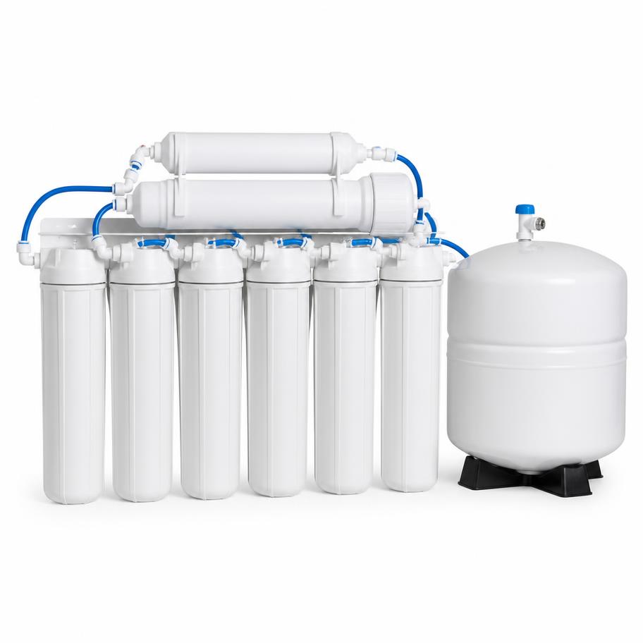 Six-stage under-sink reverse osmosis filter bank with storage tank — representative image of an iSpring-style RO system