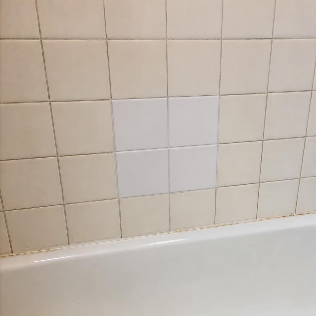 Small tile repair in a lived-in bathroom with a few cracked tiles replaced