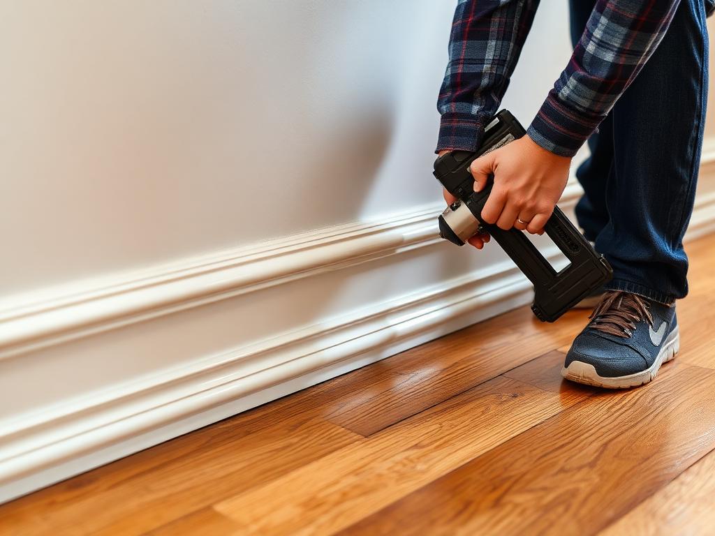 Handyman installing white baseboard trim molding along a hardwood floor