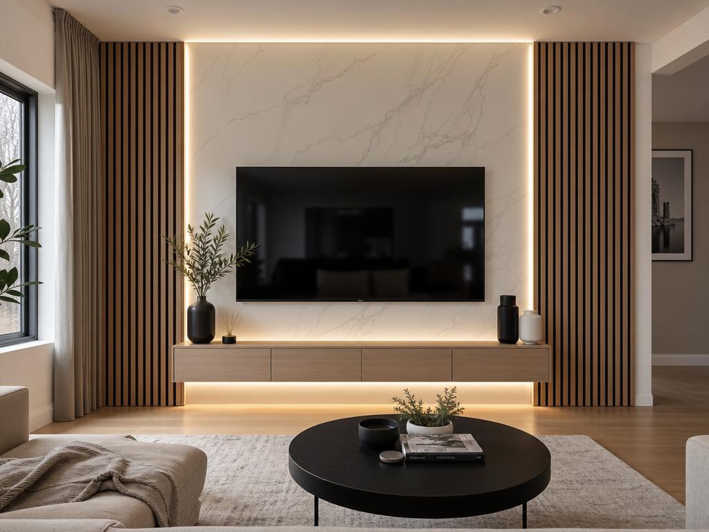 Finished living room TV accent wall with marble-look PVC center panel and wood slat acoustic side panels