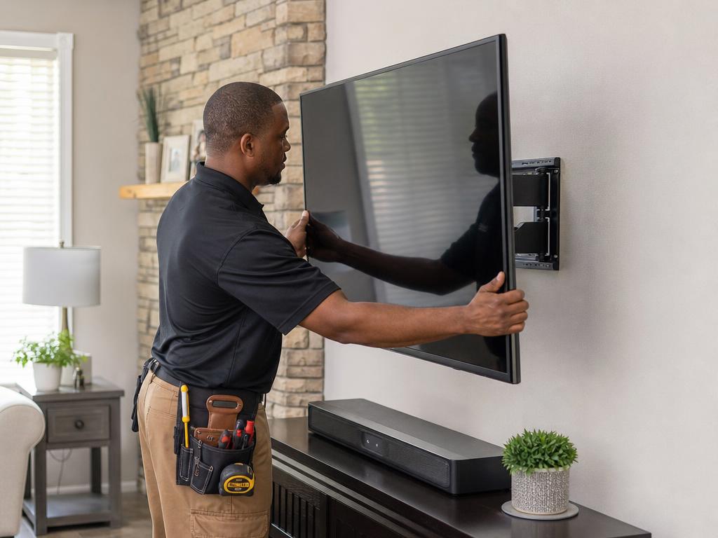 Handyman actively mounting a large flat screen TV onto a wall bracket in a living room