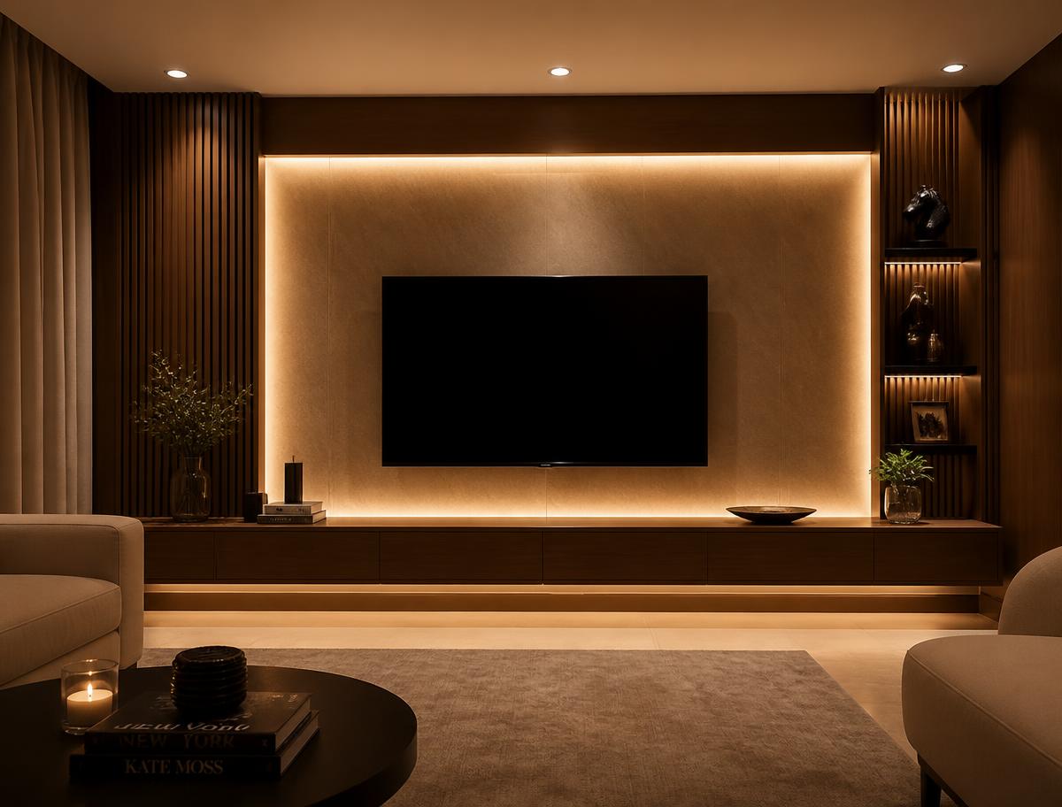 TV accent wall at night with warm LED backlighting behind the television and under the console