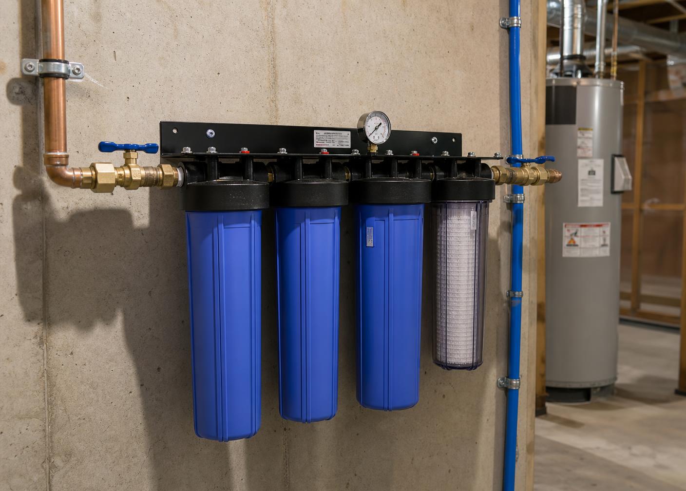 Multi-stage whole-house water filtration system professionally installed on the main water line in a basement utility room, with plumbing entering the filters and exiting toward the home